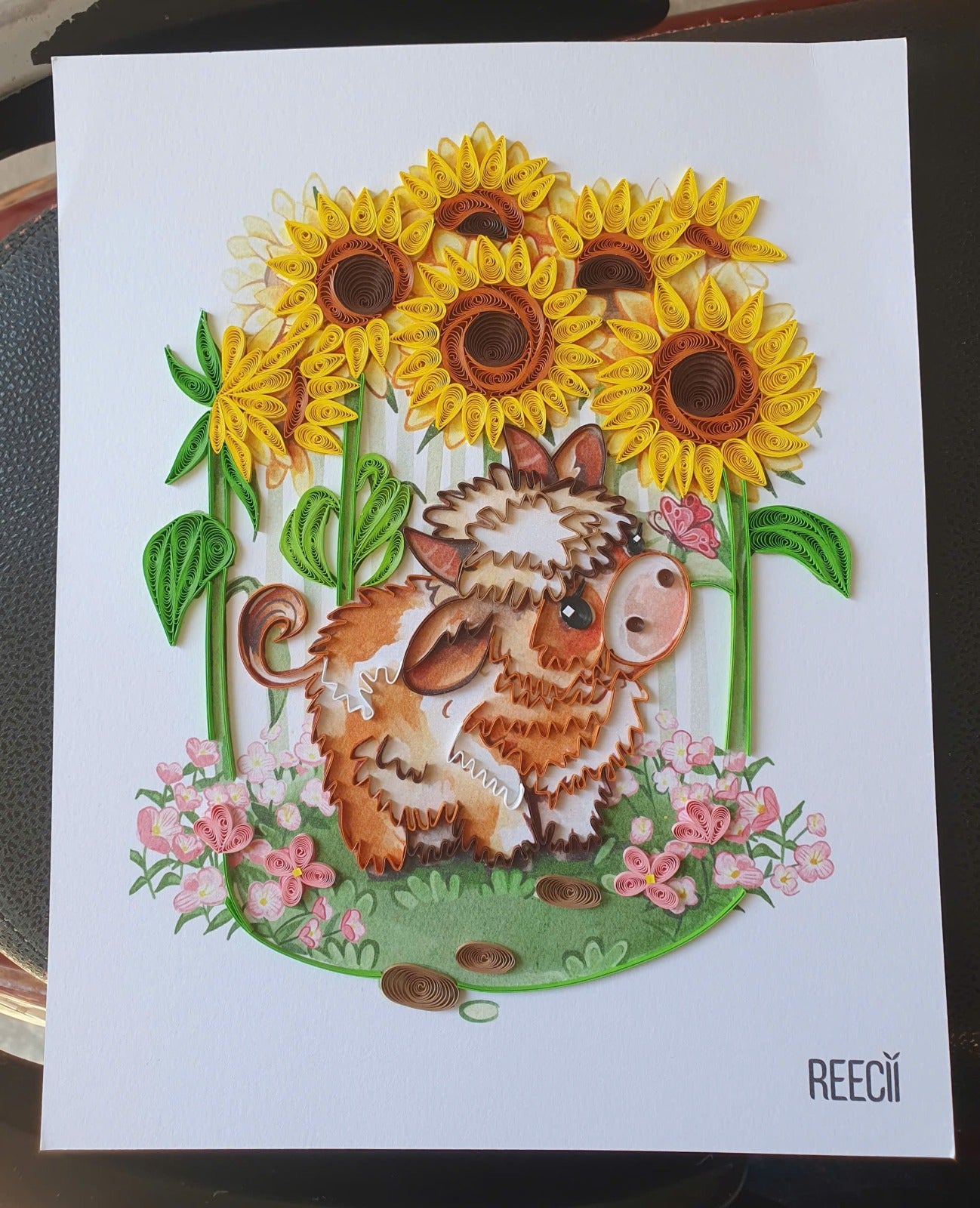 Baby Longhorn and Sunflower, Quilling Artpiece