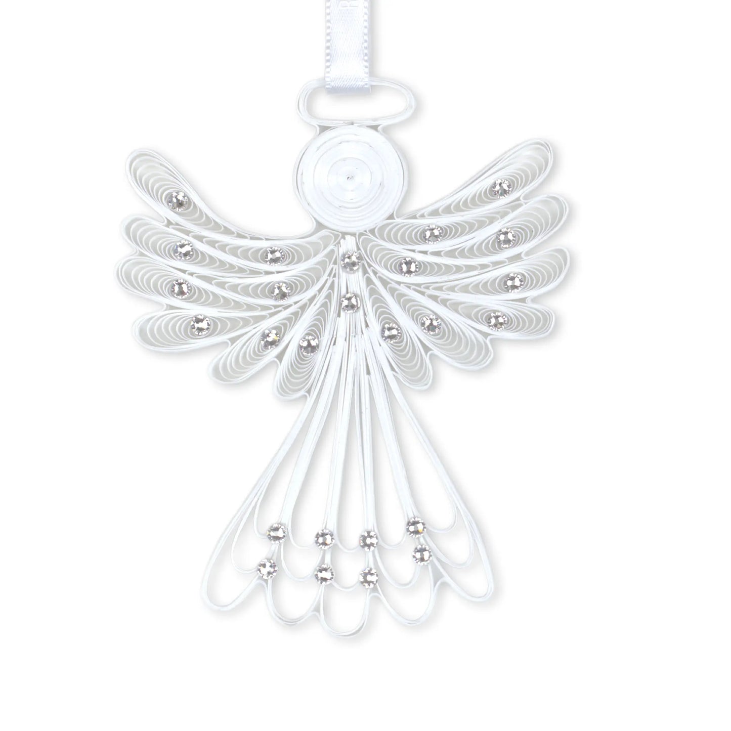 White paper quilling ornament of an angel with crystals