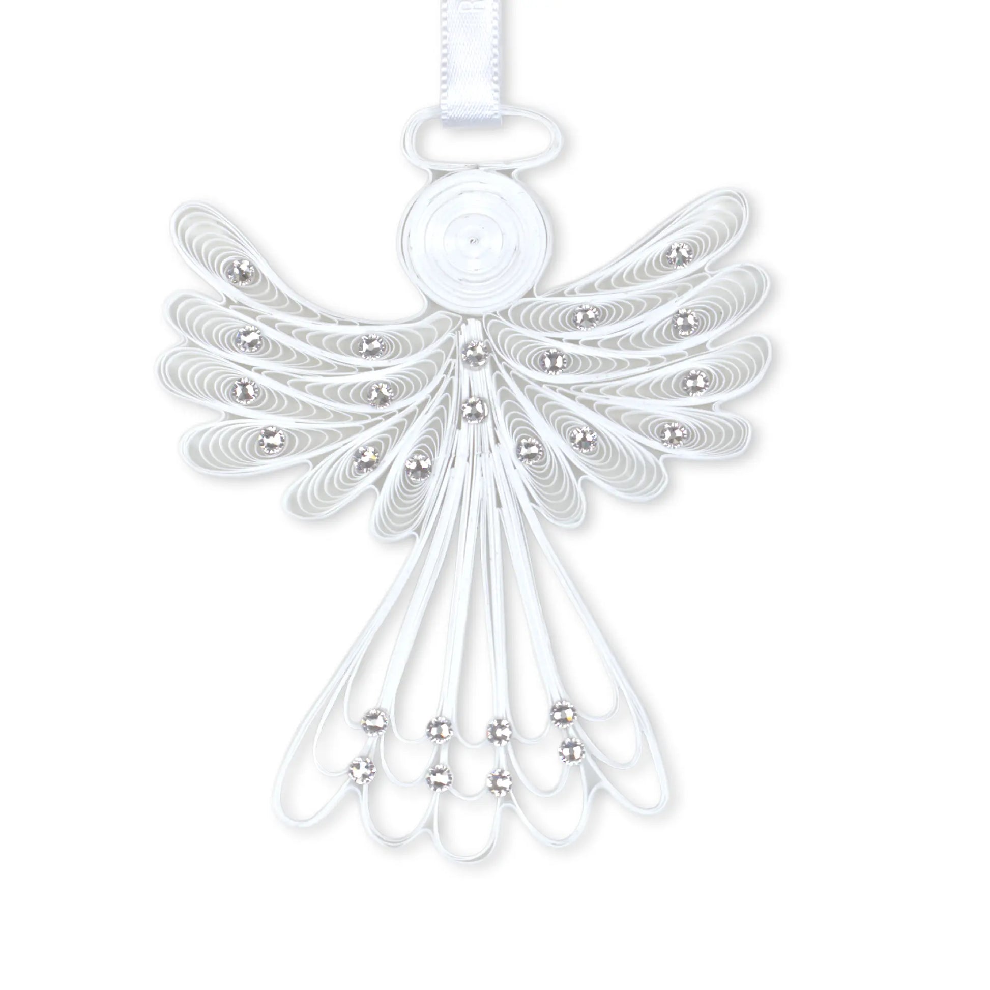 White paper quilling ornament of an angel with crystals