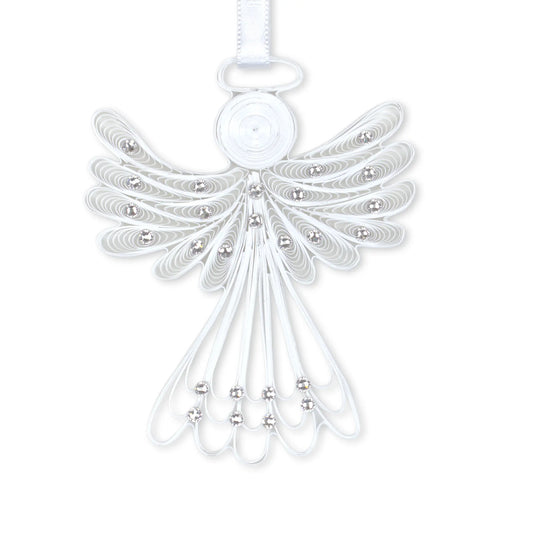 White paper quilling ornament of an angel with crystals