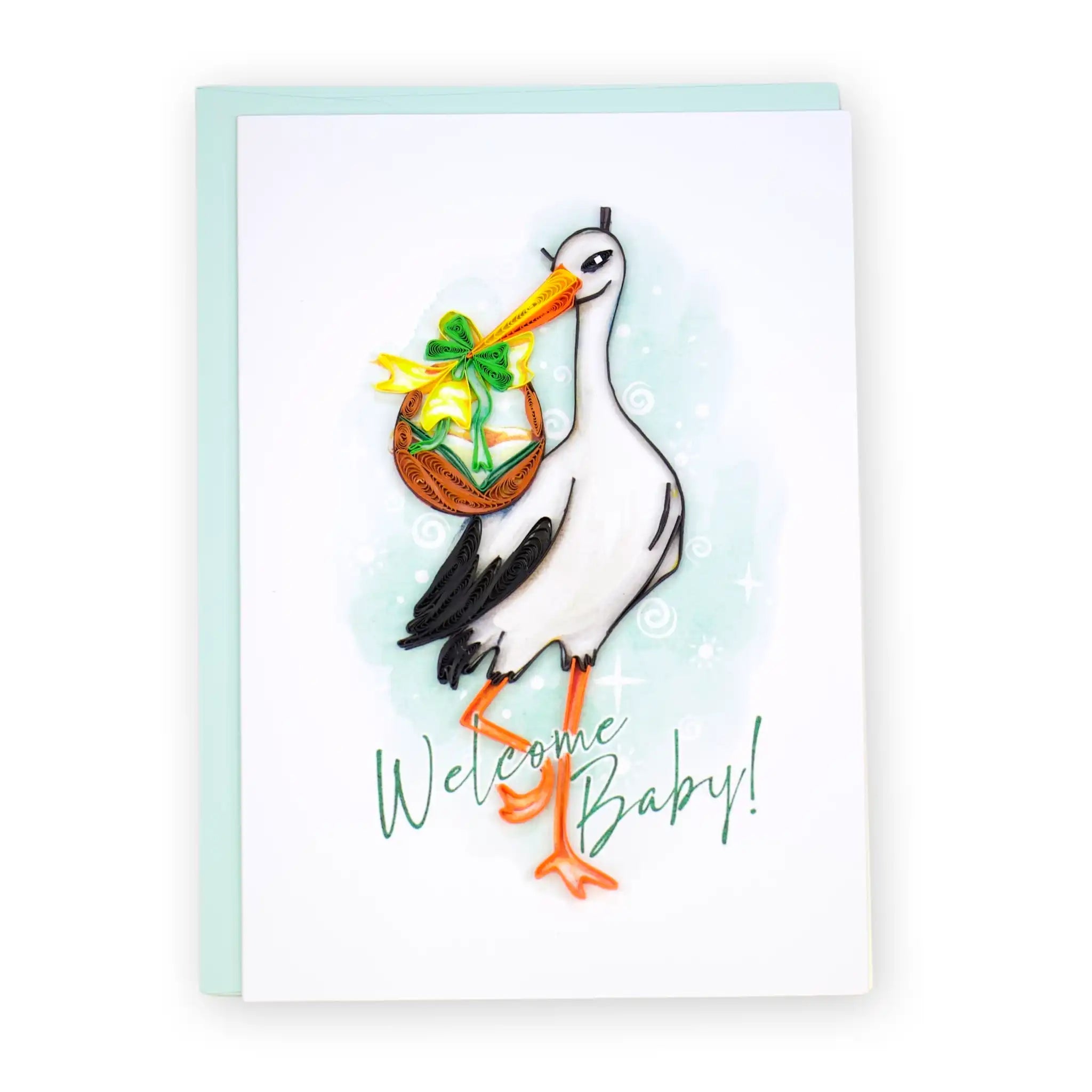 Welcome Baby (Stork), Handmade Quilling Paper Greeting Card Welcome Baby (Stork), Handmade Quilling Paper Greeting Card