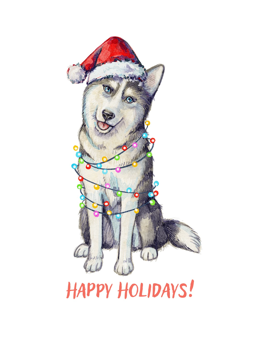 Holiday Husky, Handmade Greeting Card