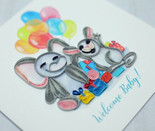 Welcome Baby (Elephant), Handmade Quilling Greeting Card Welcome Baby (Elephant), Handmade Quilling Greeting Card