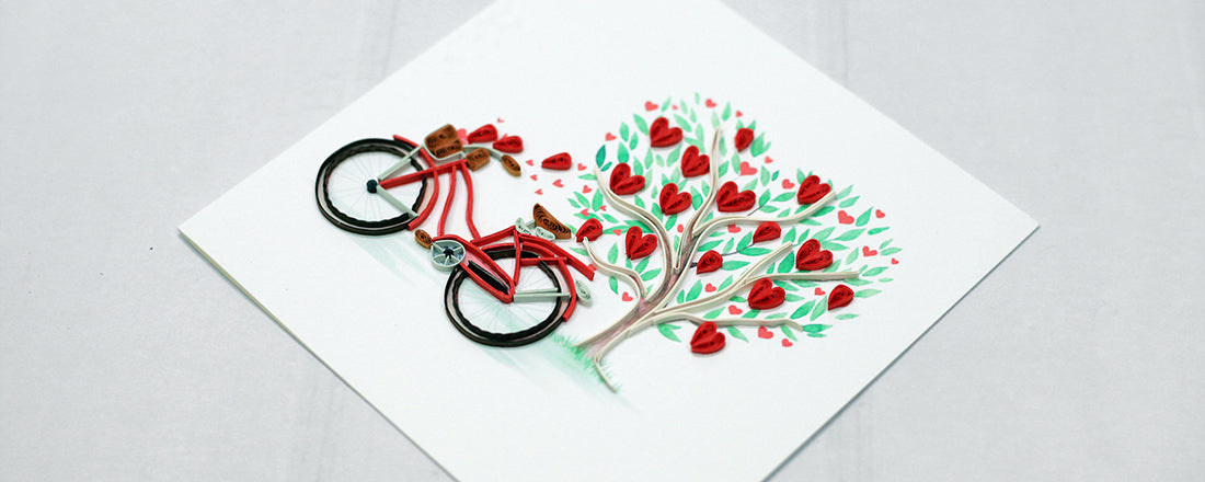 Bicycle and Hearts, Handmade Quilling Greeting Card