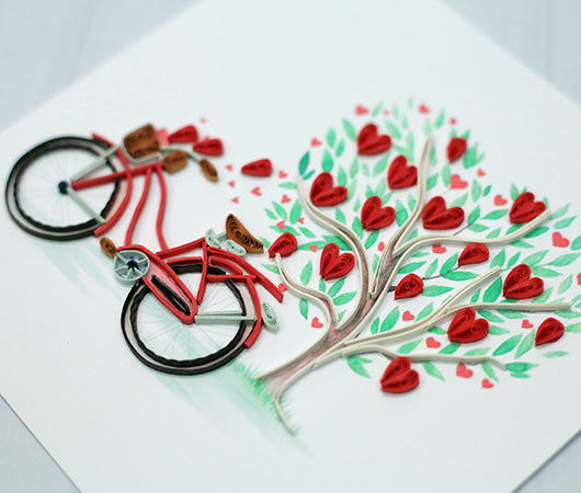 Bicycle and Hearts, Handmade Quilling Greeting Card Bicycle and Hearts, Handmade Quilling Greeting Card