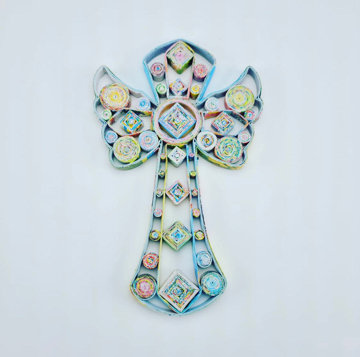Cross with Angel Wings, Handmade Recycled Paper Decor