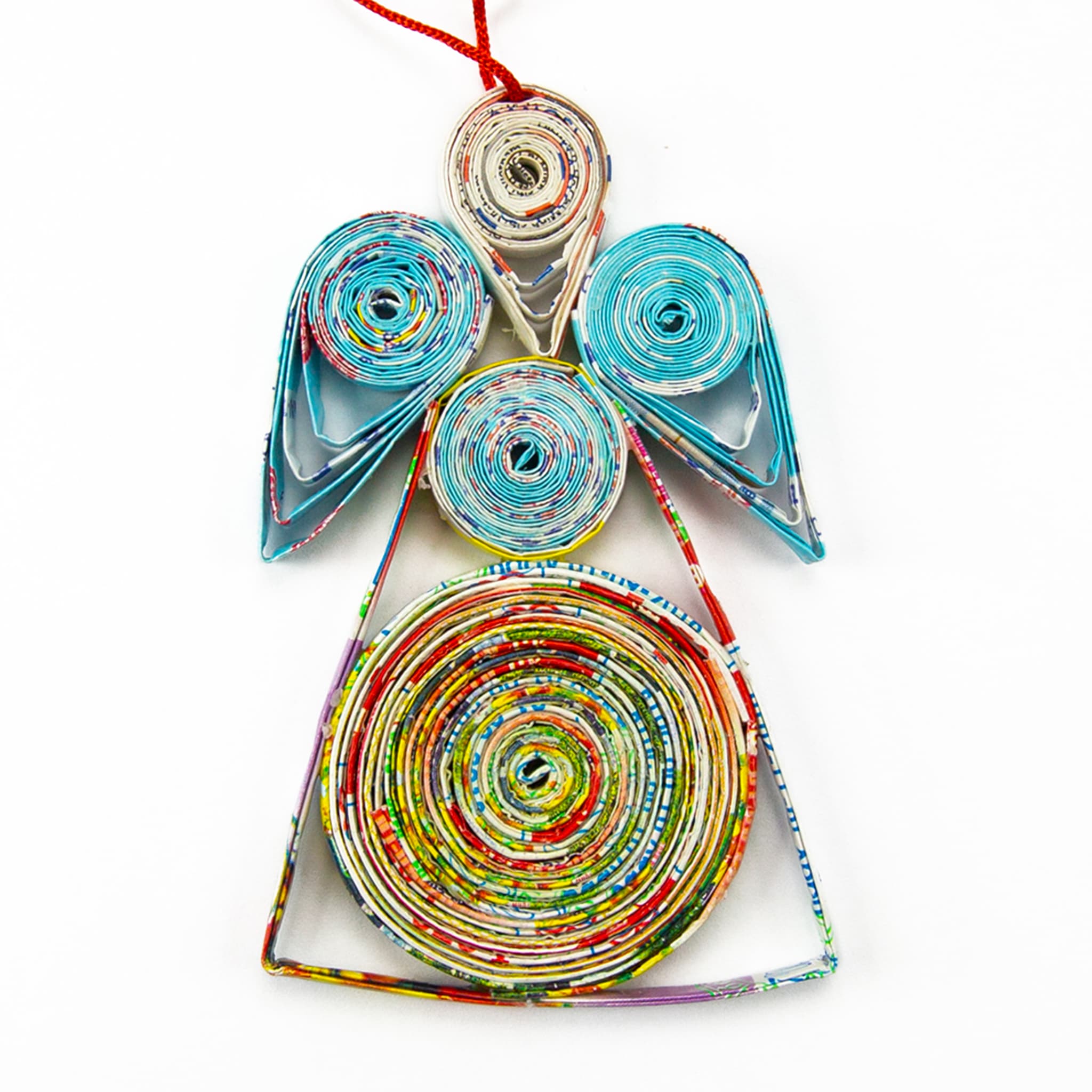 A colorful quilling paper ornament of an angel with the wings down A colorful quilling paper ornament of an angel with the wings down