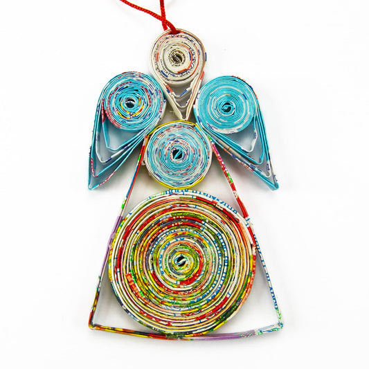 A colorful quilling paper ornament of an angel with the wings down