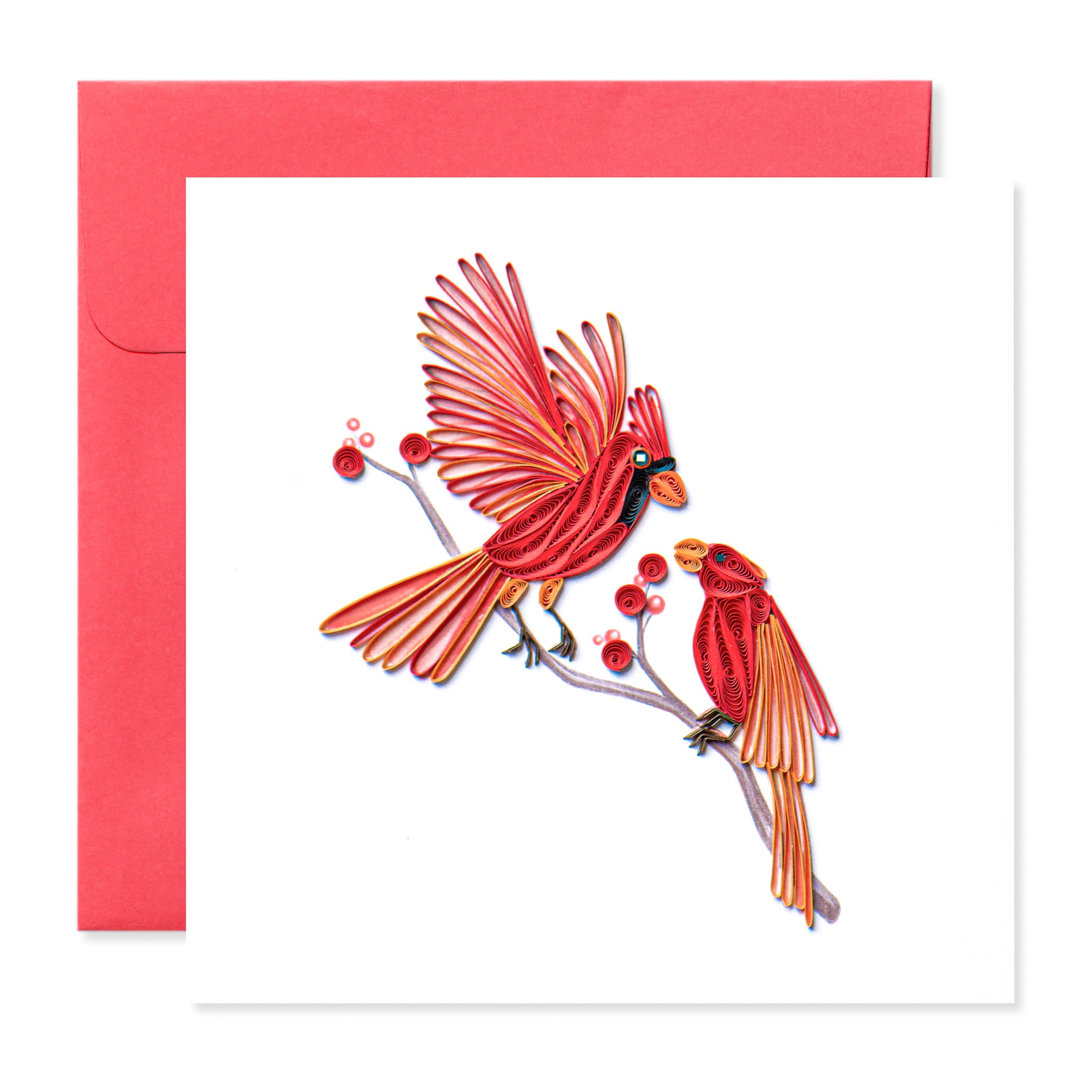 Red Cardinal Bird Duo, Handmade Quilling Greeting Card Red Cardinal Bird Duo, Handmade Quilling Greeting Card