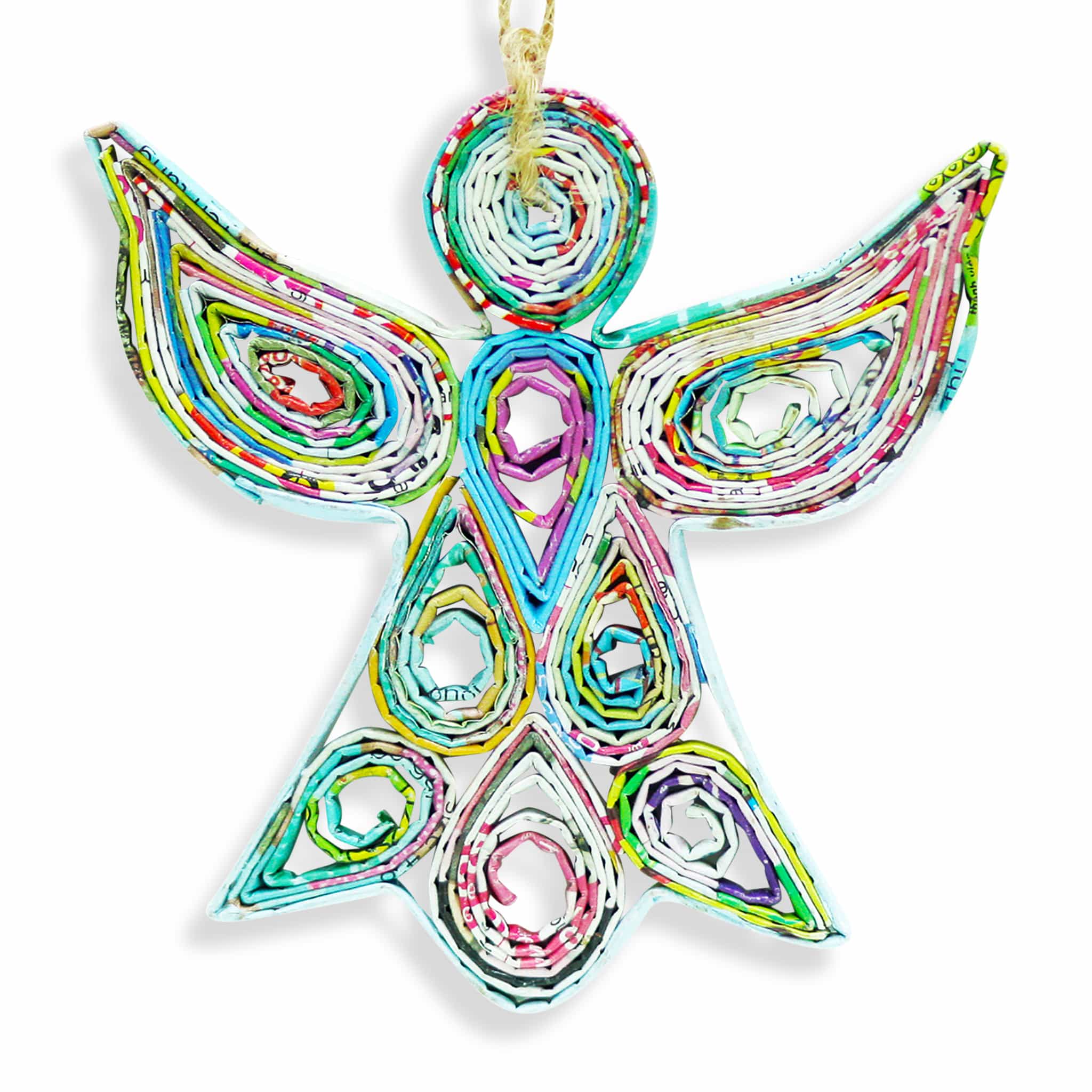 A colorful quilling paper ornament of an angel with the wings up A colorful quilling paper ornament of an angel with the wings up