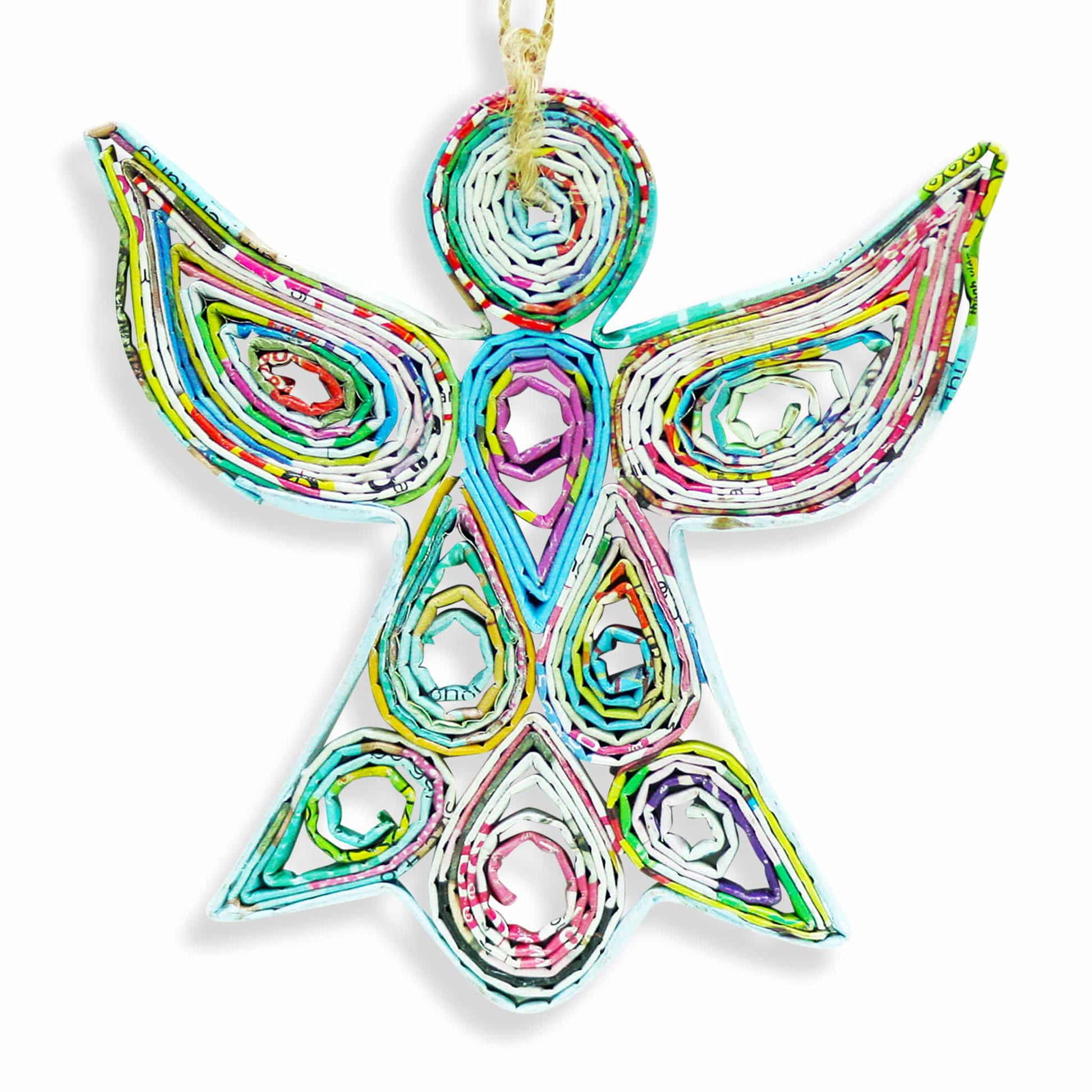A colorful quilling paper ornament of an angel with the wings up