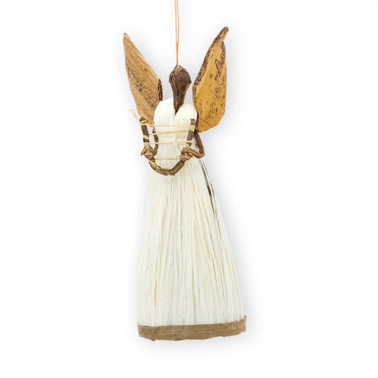 Angel with Harp, Round Handmade Straw and Banana Leaf Ornament