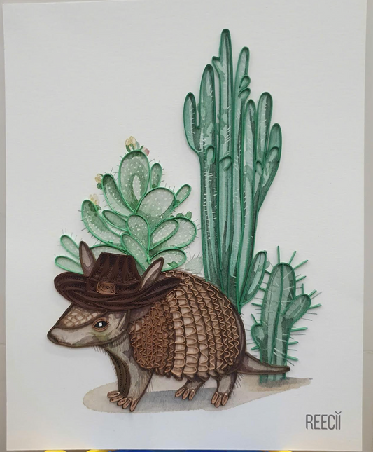 Armadillo and Cactus, Quilling Art Piece