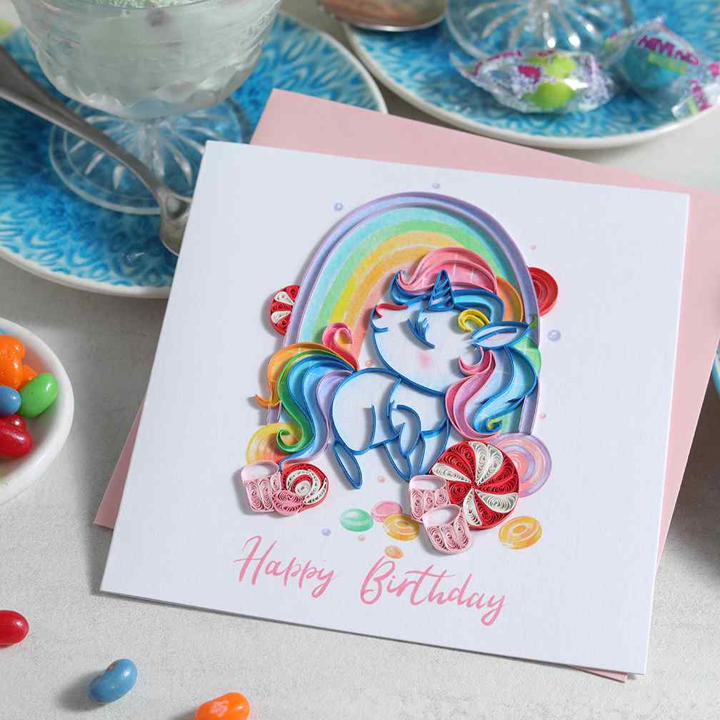 Handmade unicorn and rainbow quilling greeting card 