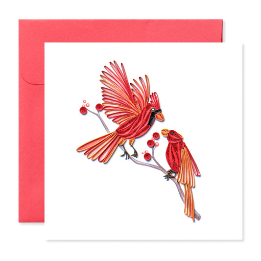 Red Cardinal Bird Duo, Handmade Quilling Greeting Card