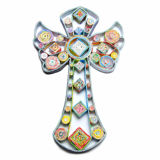 Cross with Angel Wings, Handmade Recycled Paper Quilling Decor