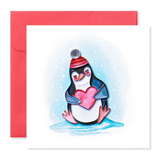 Penguin with Heart, Handmade Quilling Greeting Card