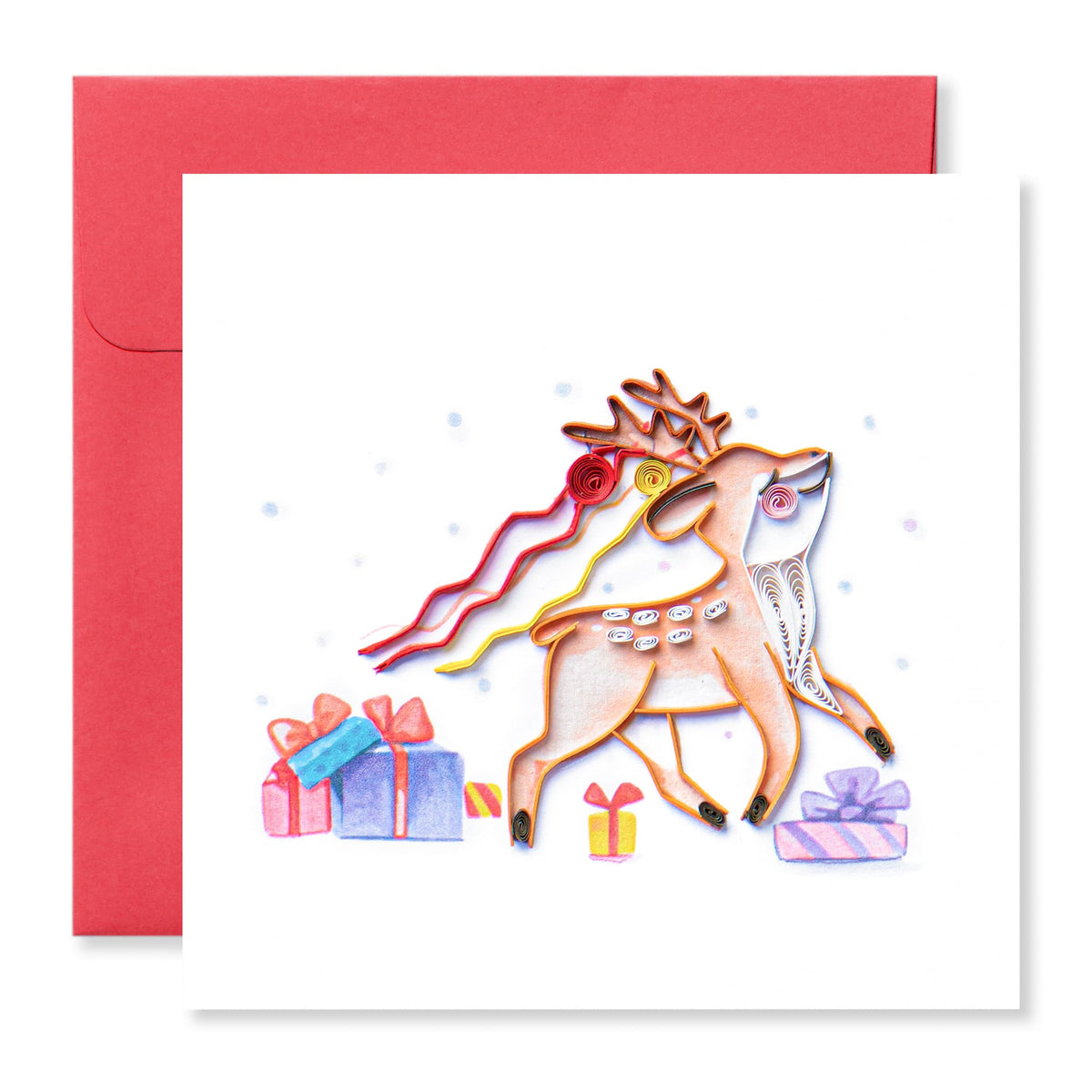 Reindeer with Gifts, Handmade Quilling Holiday Greeting Card