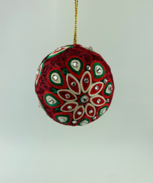 Quilling Ball Red with genuine Crystals, Handmade Paper Ornament