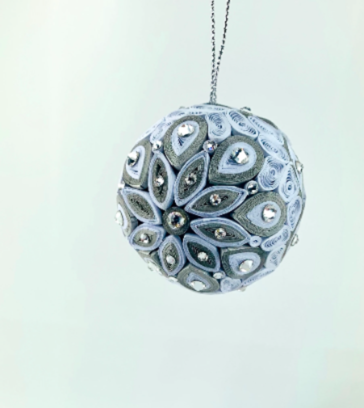 Quilling Ball (White, with Genuine Crystals), Handmade Paper Ornament